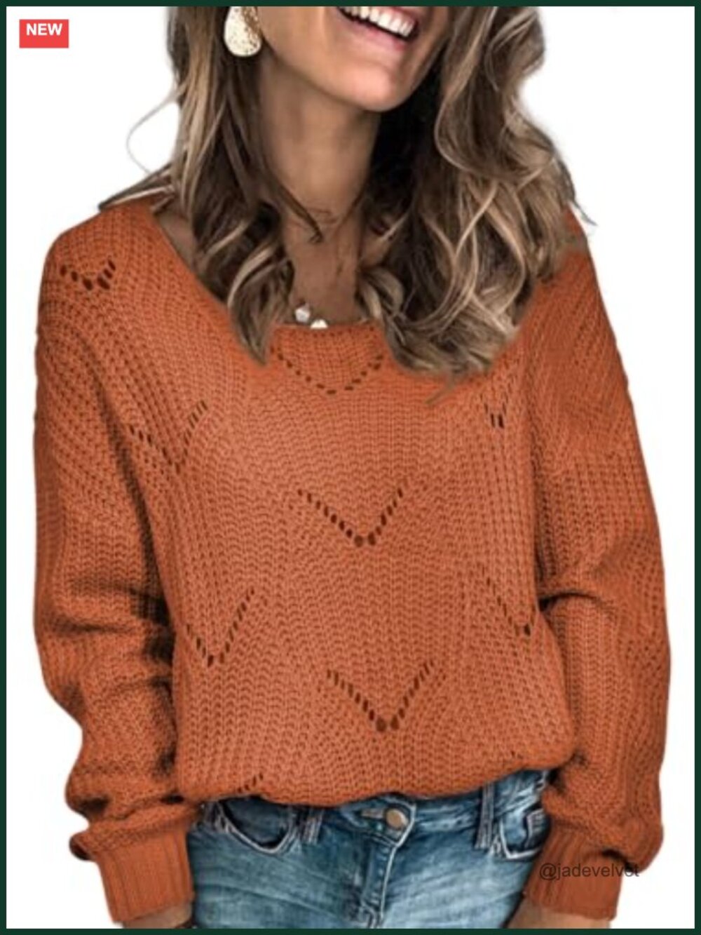 Womens Boat Neck Hollow Out Crochet Knit Pullover Sweater